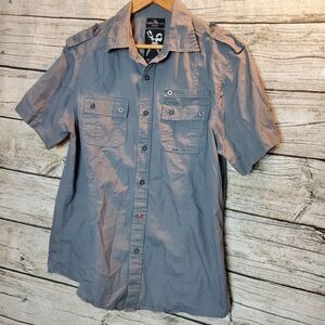 Marc Ecko Men's Size M Solid Gray Military Style Short Sleeve Casual Shirt